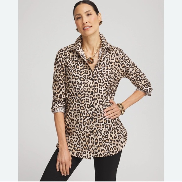 Chico's no iron leopard print Button Down Shirttail blouse  16/18-XL - Picture 1 of 10